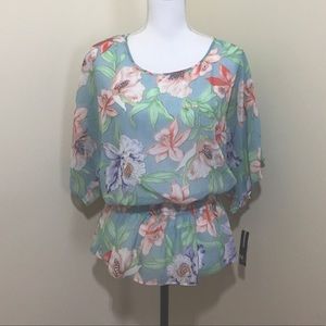 Directions Floral Chiffon Blouse – Cinch Waist & Bell Sleeves Sz medium